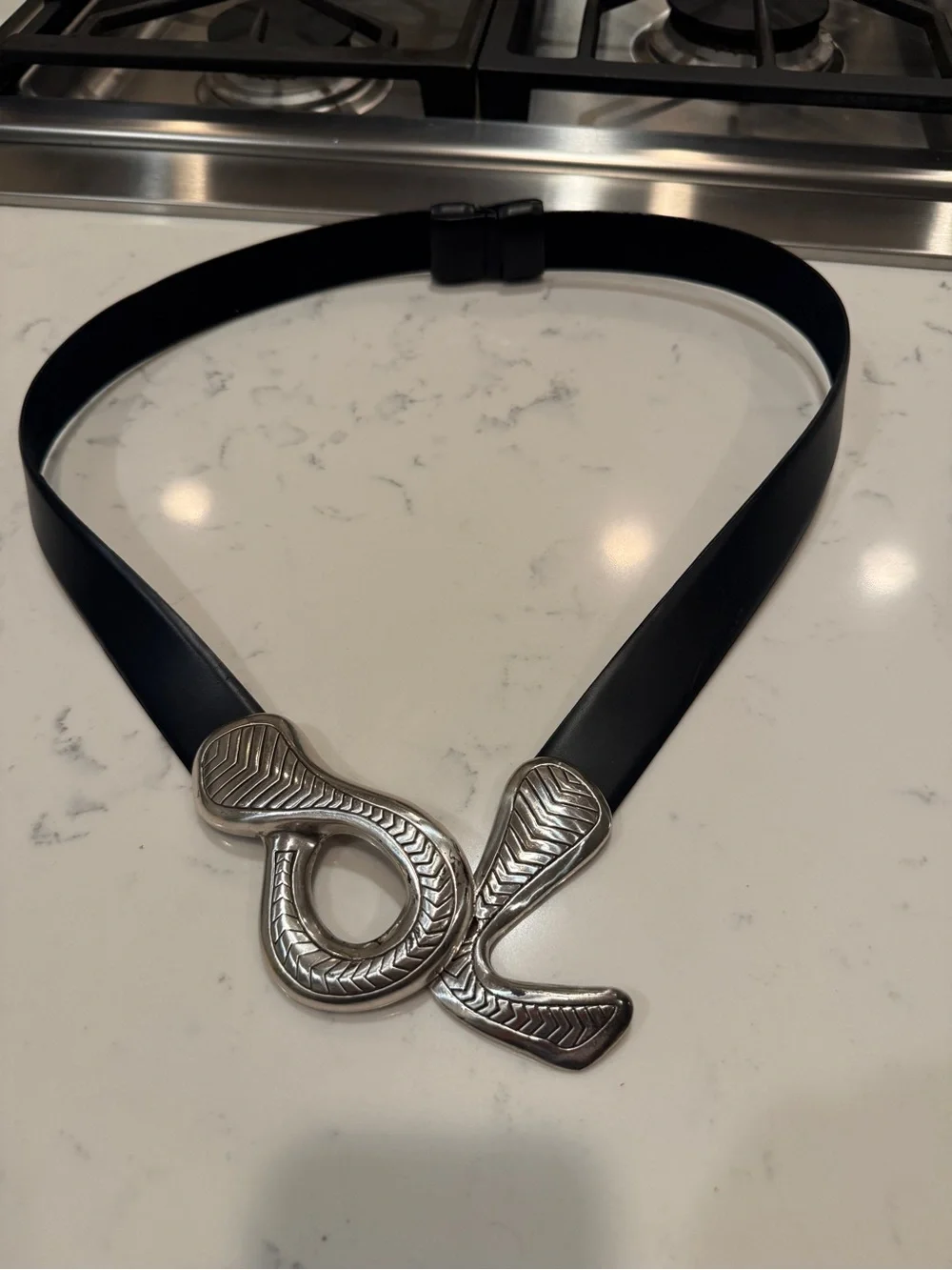 Chico’s Black Leather Lined Belt Oversized Silver Statement Buckle Adjustable